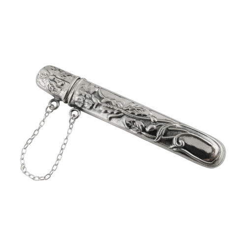 Needle Case W/ Chain - 925 Sterling Silver - Floral Vine Sewing Toothpicks New