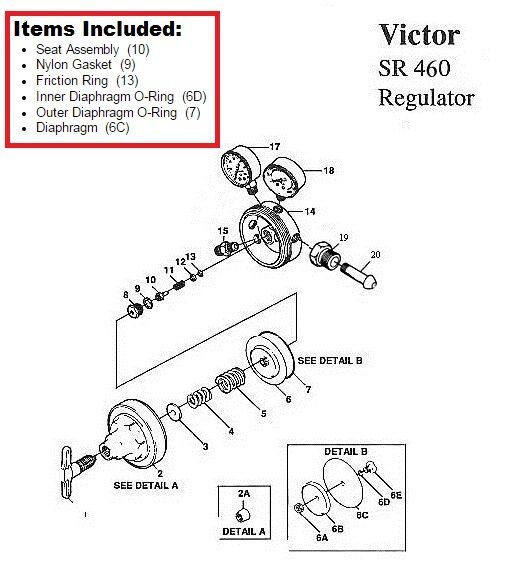 Victor Sr460a Acetylene Regulator Rebuild/repair Parts Kit W/ Diaphragm