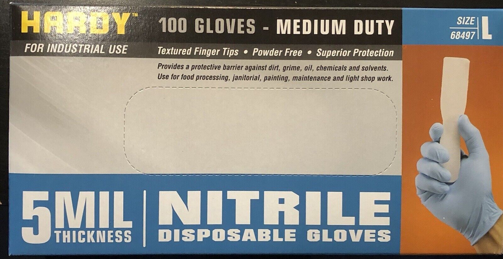 Hardy 100 5mil Thickness Nitrile Disposable Gloves Large 68497 Powder Free