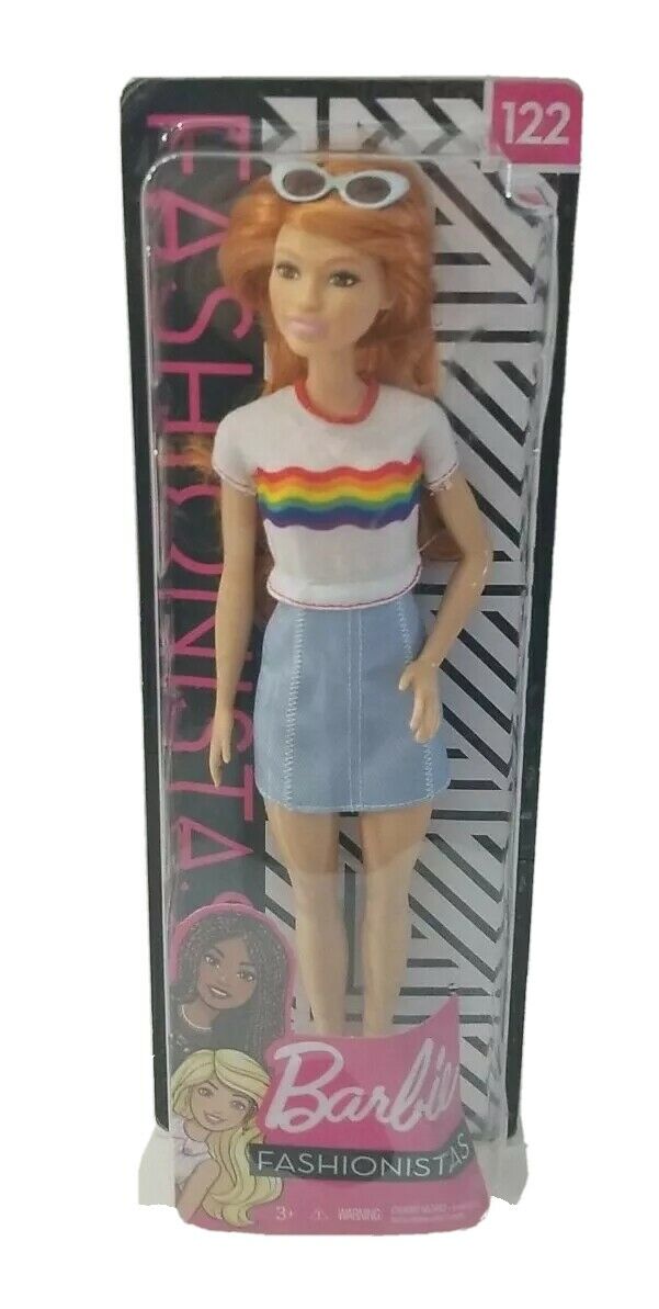 Barbie Doll Fashionistas # 122 Red Hair Rainbow Top Denim Skirt