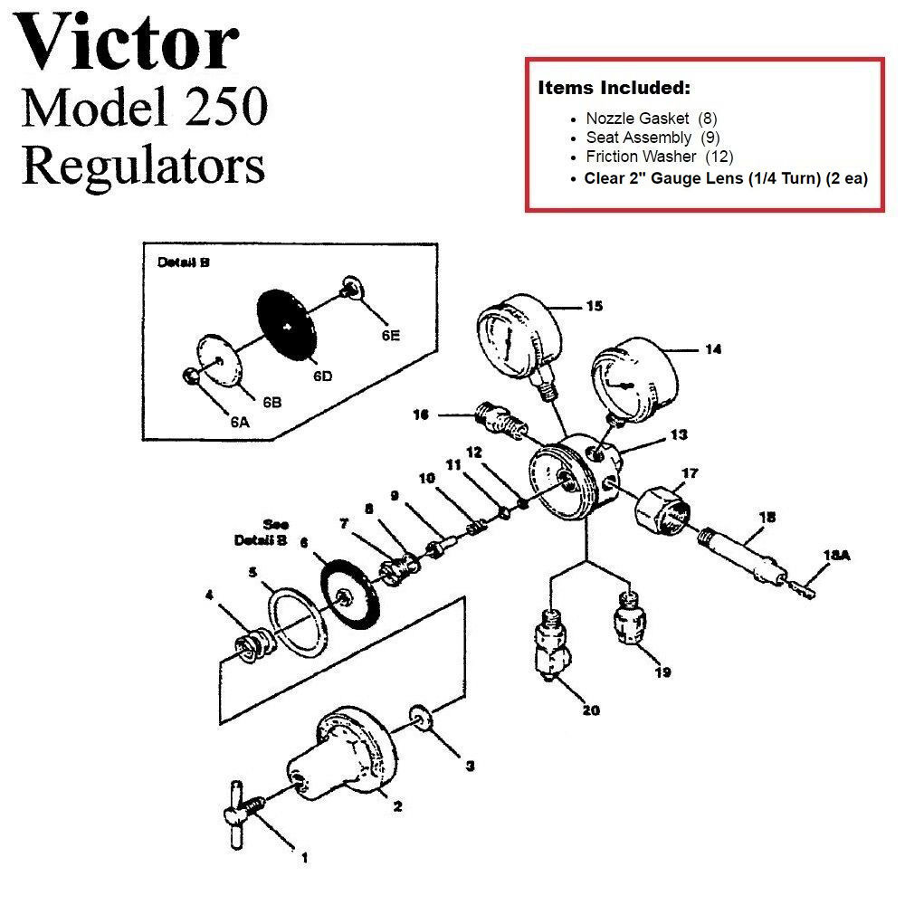 Victor 250-80-540 Oxygen Regulator Rebuild/repair Parts Kit