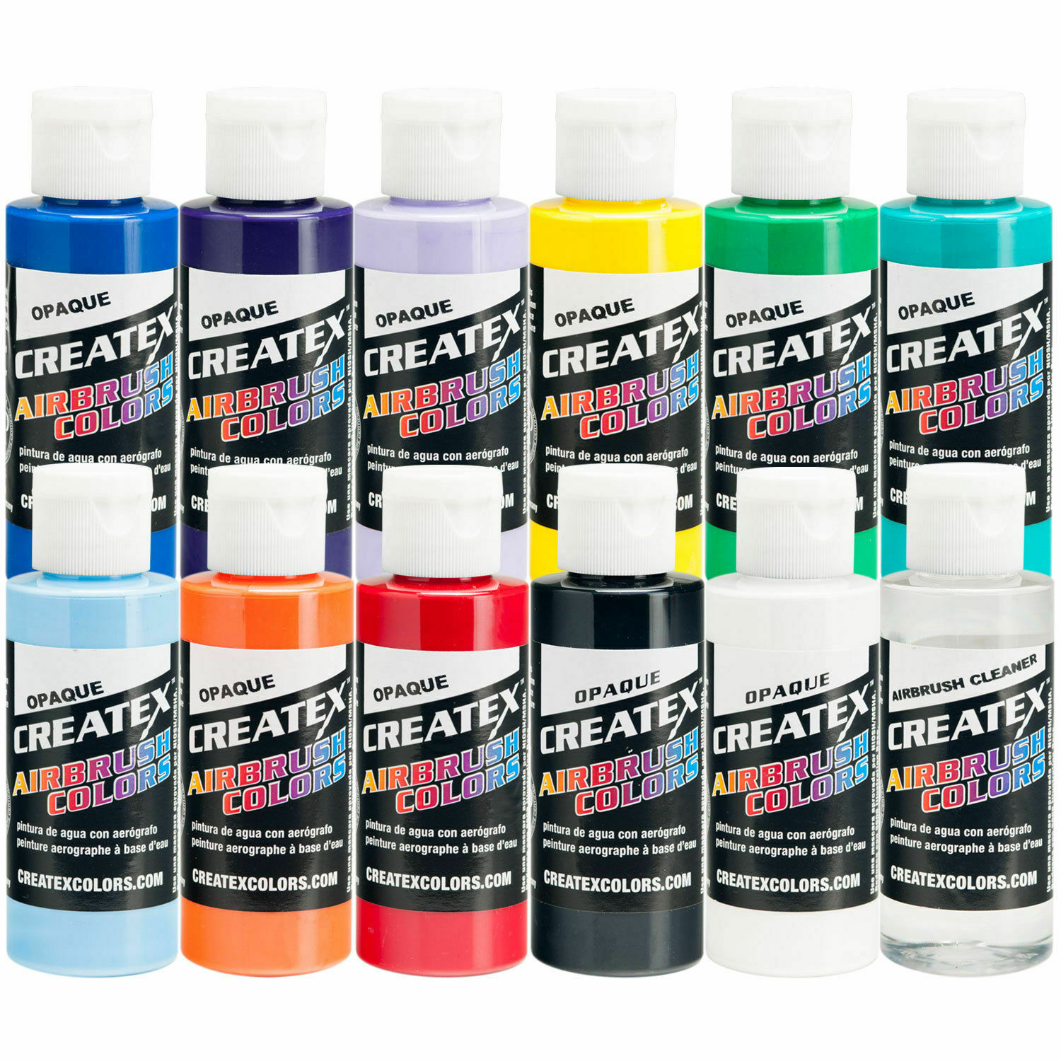 Createx 12 Color Opaque Airbrush Paint Set, 2 Oz. Bottles (11 Colors + Cleaner)